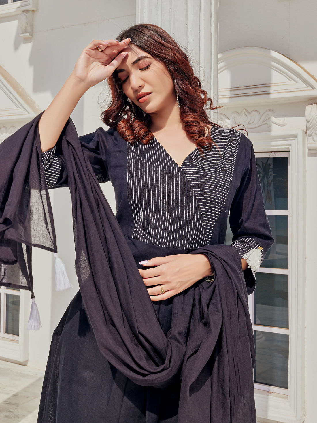 Pure Cotton  Linen Khushi Black Kurta Set with Dupatta FeaturingThread Embroidery on Neckline and Cuffs with Tassel Detailing and Cotton Lining