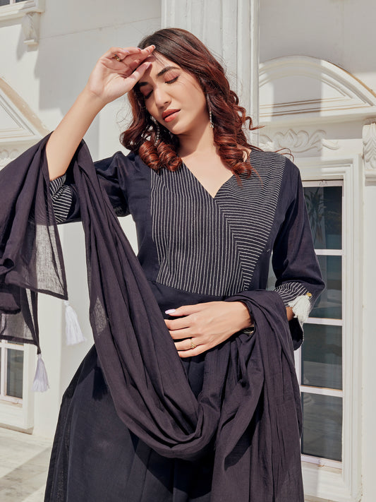 Pure Cotton  Linen Khushi Black Kurta Set with Dupatta FeaturingThread Embroidery on Neckline and Cuffs with Tassel Detailing and Cotton Lining