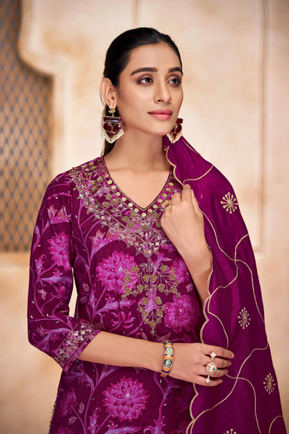 Rashmi Pink Hand Sequins and Bead Embellished Neckline and Zari Work Suit Set in Chanderi Silk with Pure Cotton Mul Lining