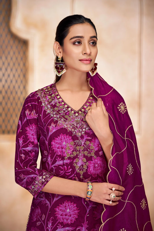 Rashmi Pink Hand Sequins and Bead Embellished Neckline and Zari Work Suit Set in Chanderi Silk with Pure Cotton Mul Lining