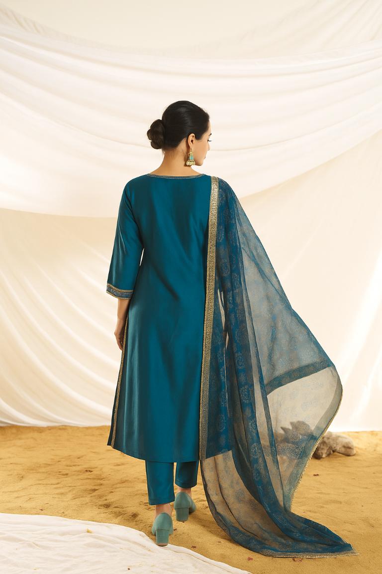 BulBul Women Kayra Teal Embroidered Premium Silk Suit With Dupatta