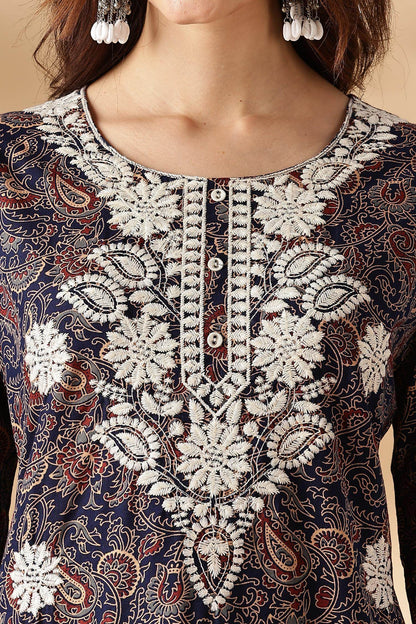 Embroidered Cotton Navy Kurta Set with Dupatta - BulBul