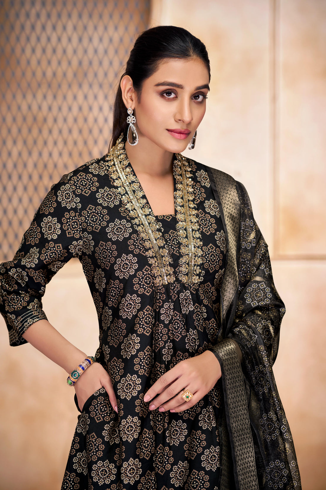 Rashmi Black Ethnic Motif Print Hand Embellished, Sequins and Bugle Bead Work Suit Set in Chanderi Silk with Pure Cotton Mul Lining