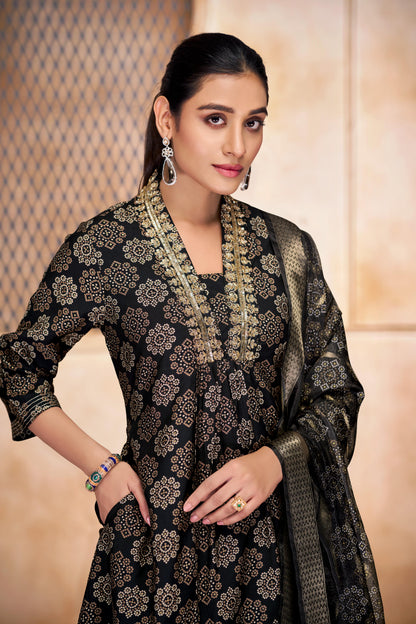 Rashmi Black Ethnic Motif Print Hand Embellished, Sequins and Bugle Bead Work Suit Set in Chanderi Silk with Pure Cotton Mul Lining