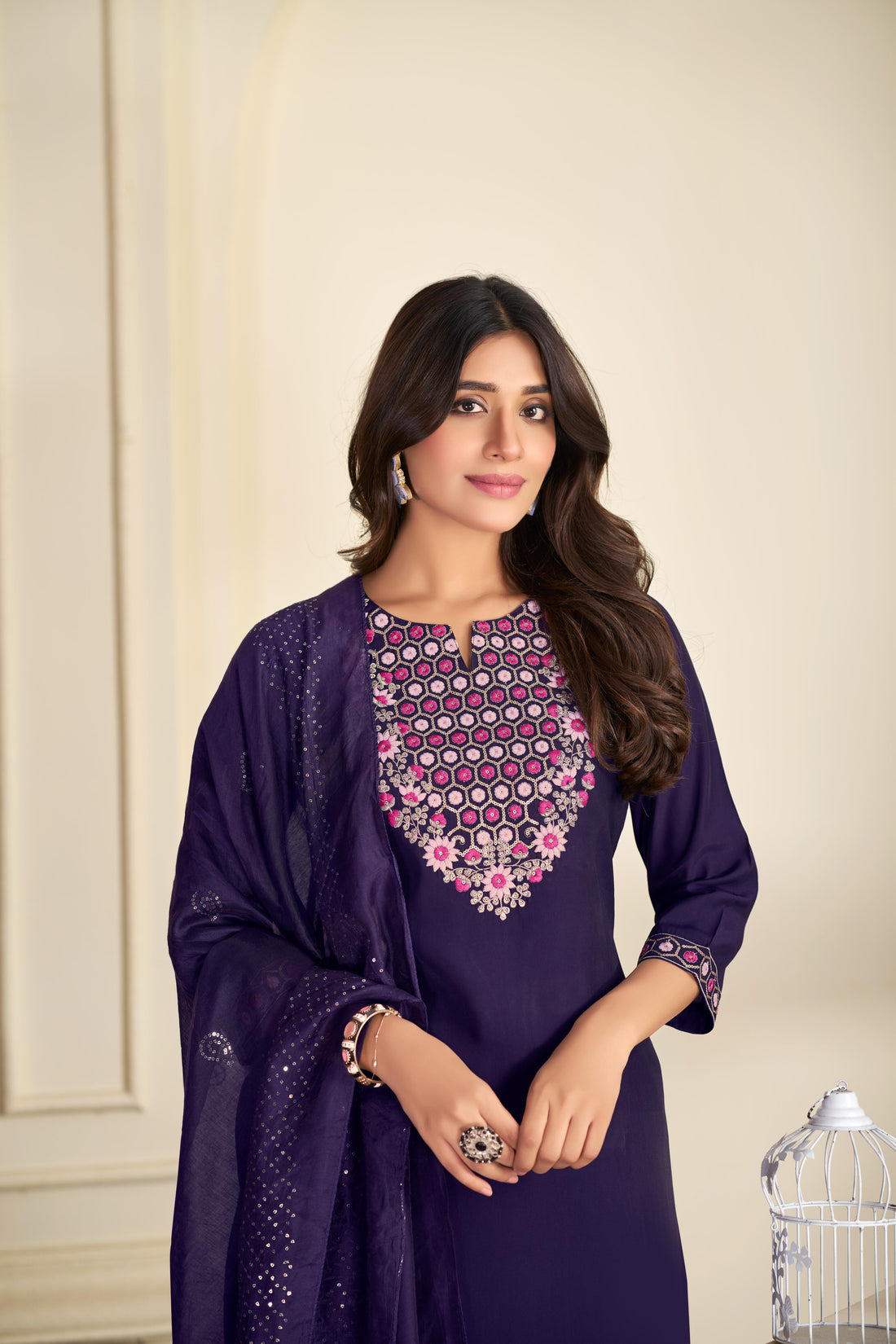 Samira Purple Multi-Color Floral & Jaali Embroidered Yoke Kurta Set with Sequin Work Dupatta in Chanderi Silk with Cotton Mul Lining