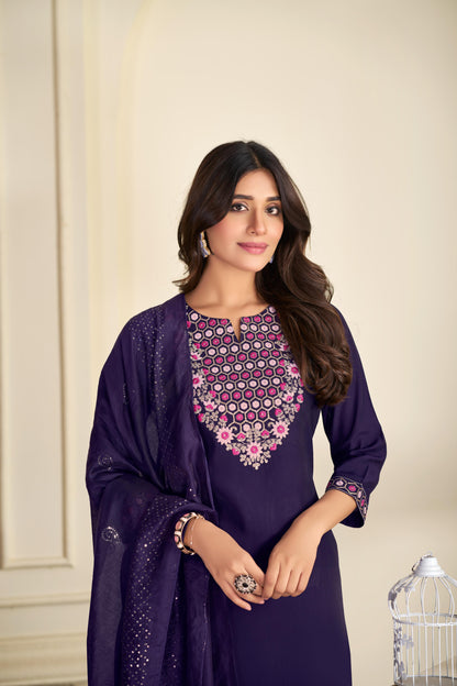 Samira Purple Multi-Color Floral & Jaali Embroidered Yoke Kurta Set with Sequin Work Dupatta in Chanderi Silk with Cotton Mul Lining