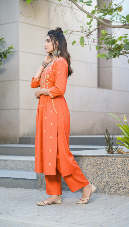 Meenaxi Rust Viscose Kurta Set with Mughal-Inspired Embroidery Work