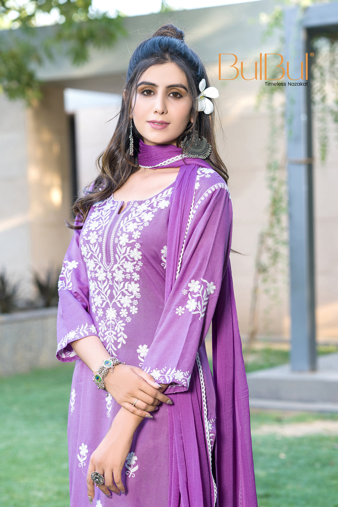 Meher Purple Rayon Kurta Set with Chikankari White Floral Embroidery and Dupatta