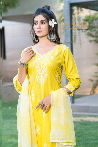 Pooja Sunshine Yellow Viscose Kurta Set with Lucknowi Style White Paisley Embroidery and Dupatta