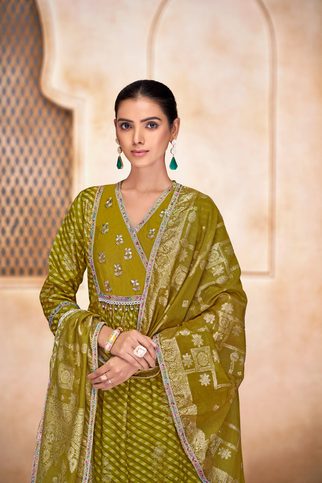 Rashmi Mehndi Green Hand Embellished Multicolor Bead and Sequins Work Suit Set in Chanderi Silk with Pure Cotton Mul Lining