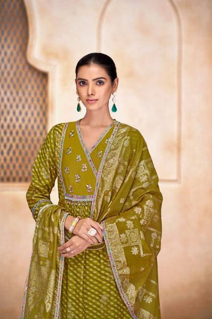Rashmi Mehndi Green Hand Embellished Multicolor Bead and Sequins Work Suit Set in Chanderi Silk with Pure Cotton Mul Lining