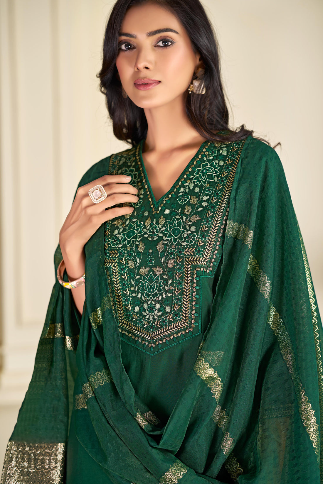 Ruhani Green & Gold Floral Zari Mirror Work Embroidered Yoke Kurta Set with Dupatta in Chanderi Silk with Cotton Mul Lining