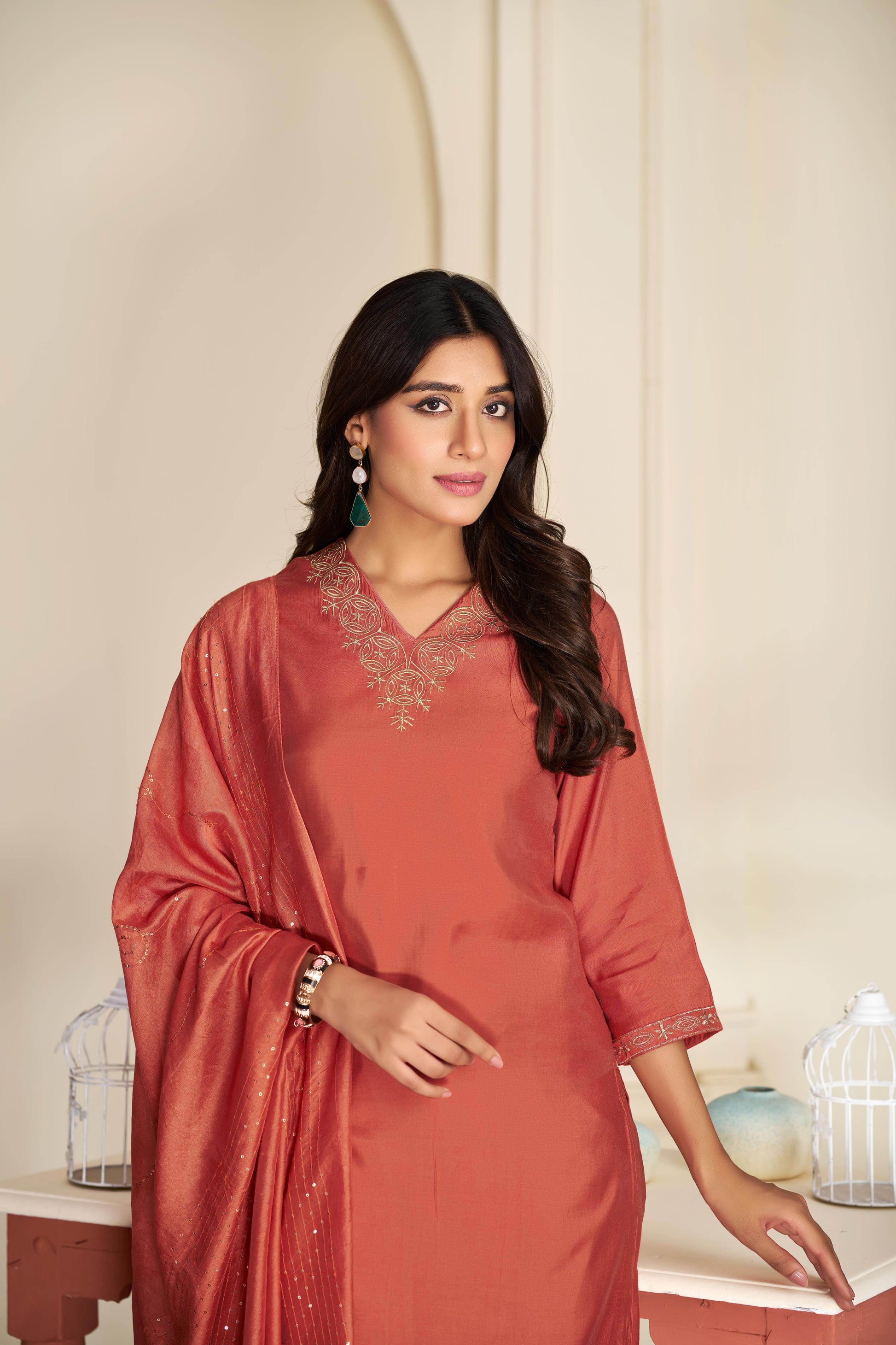 Mira Rust Silk Kurta Set with Dupatta - BulBul