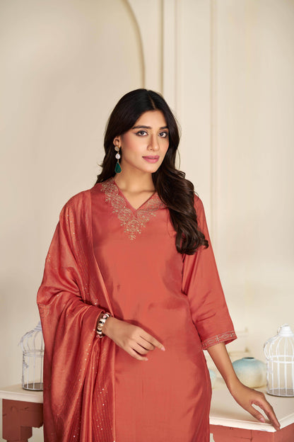 Mira Rust Silk Kurta Set with Dupatta - BulBul