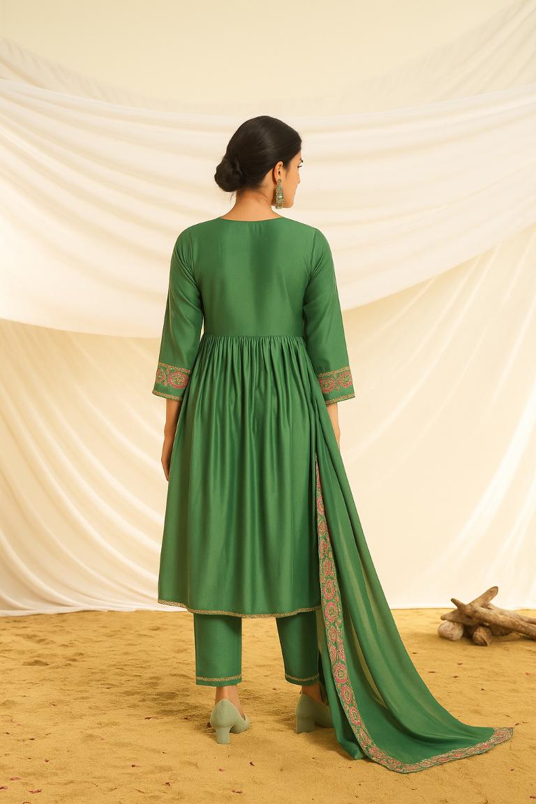 BulBul Women Green Embroidered Premium Silk Angrakha Pattern Flare Suit With Dupatta