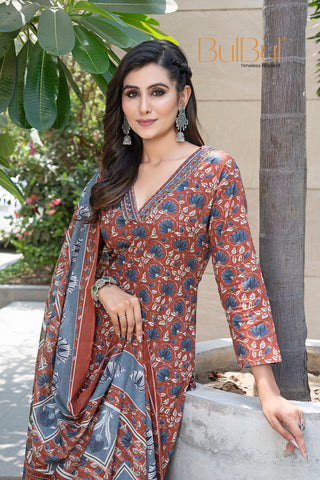 Pure Cotton Fashionista Rust Floral Printed Kurta Set with Contrast Thread-Detailed V-Neck and Dupatta