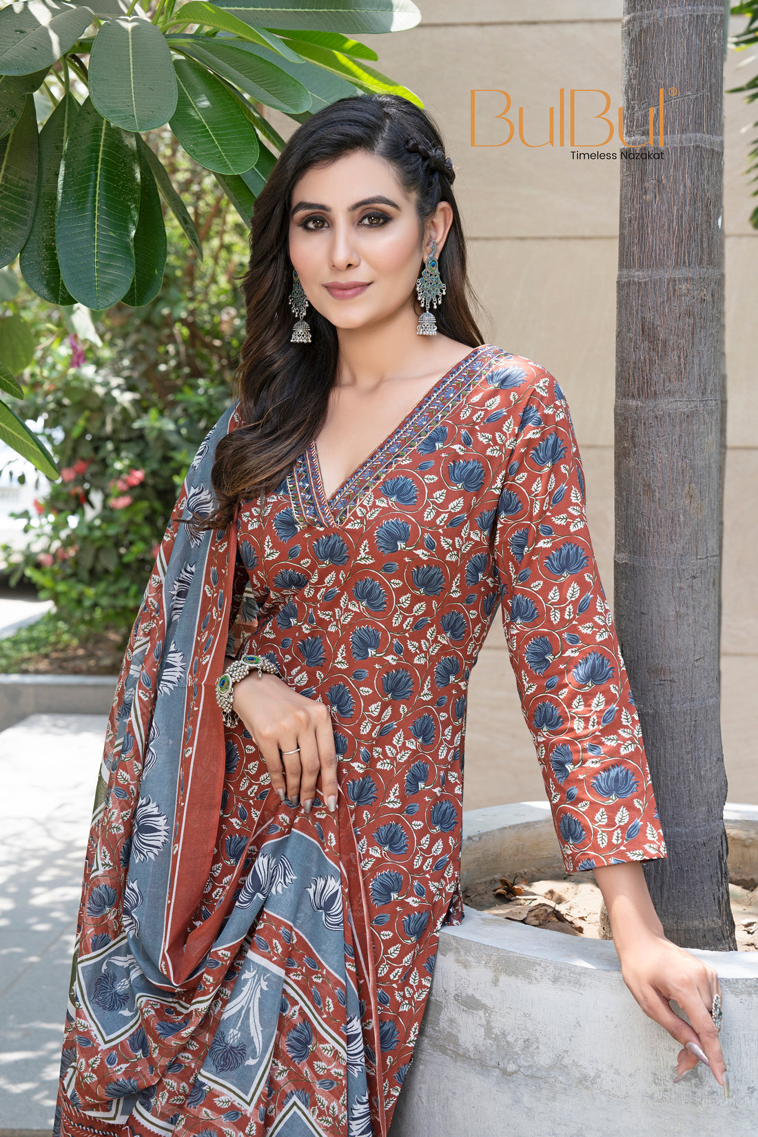 Pure Cotton Fashionista Rust Floral Printed Kurta Set with Contrast Thread-Detailed V-Neck and Dupatta
