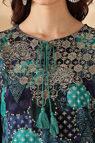 Kamolika Printed Aqua Salwar Suit with Hand Zari Thread Embroidered Neckline in Viscose