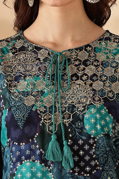 Kamolika Printed Aqua Salwar Suit with Hand Zari Thread Embroidered Neckline in Viscose