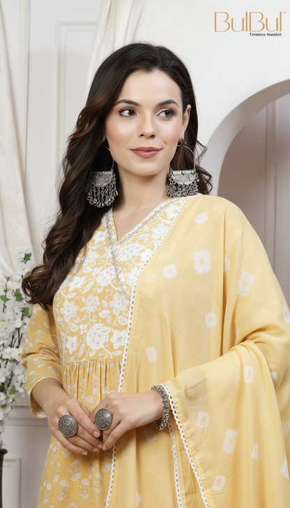 Pure Cotton Gulfam Off White Floral Printed Kurta Set with Cotton Mul Lining, Glass Bugle Handwork Neckline and Dupatta