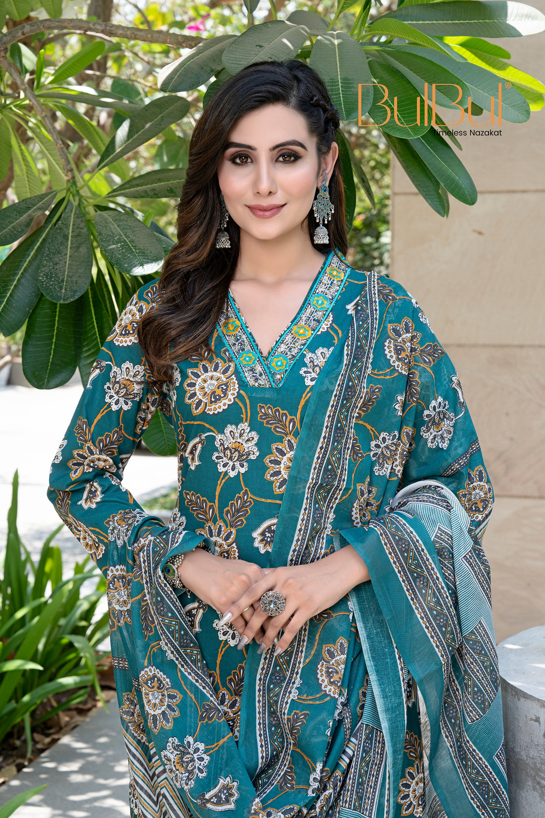 Pure Cotton Fashionista Green Floral Printed Kurta Set with Thread & Sequin Embellished V-Neckline and Dupatta