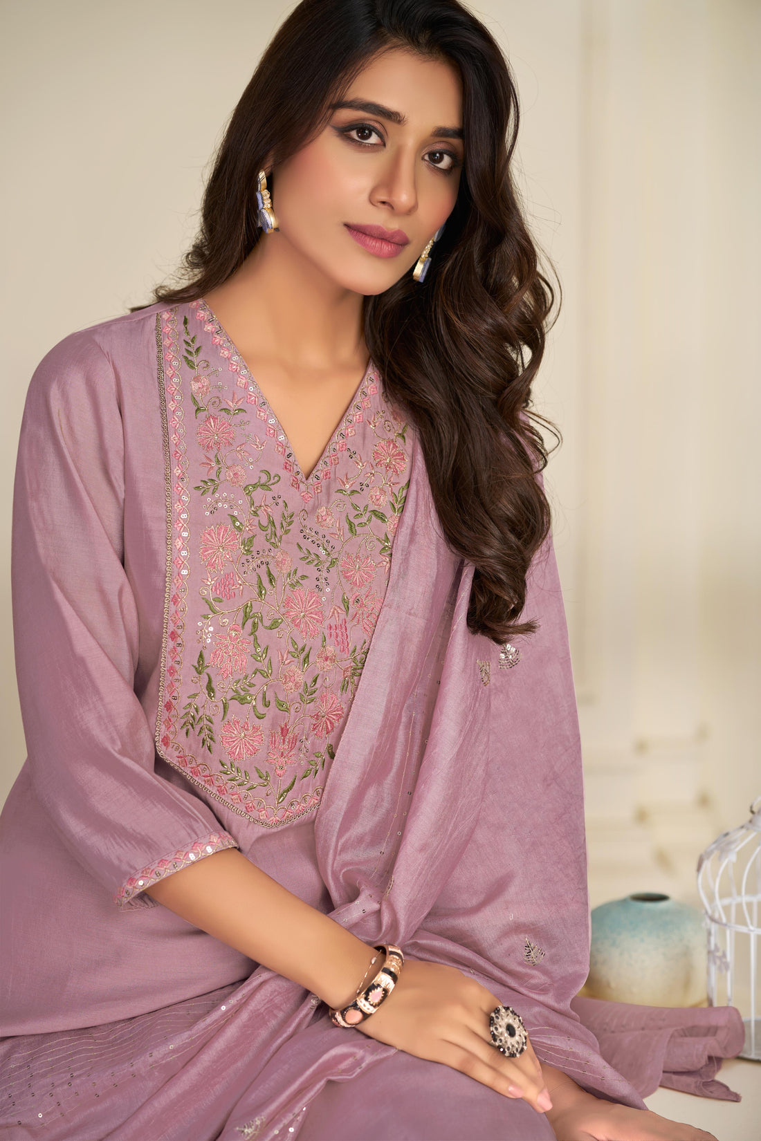 Preksha Mauve Multi-Color Floral Embroidered Kurta Set with Hand Sequin Work & Sequin Dupatta in Chanderi Silk with Cotton Mul Lining