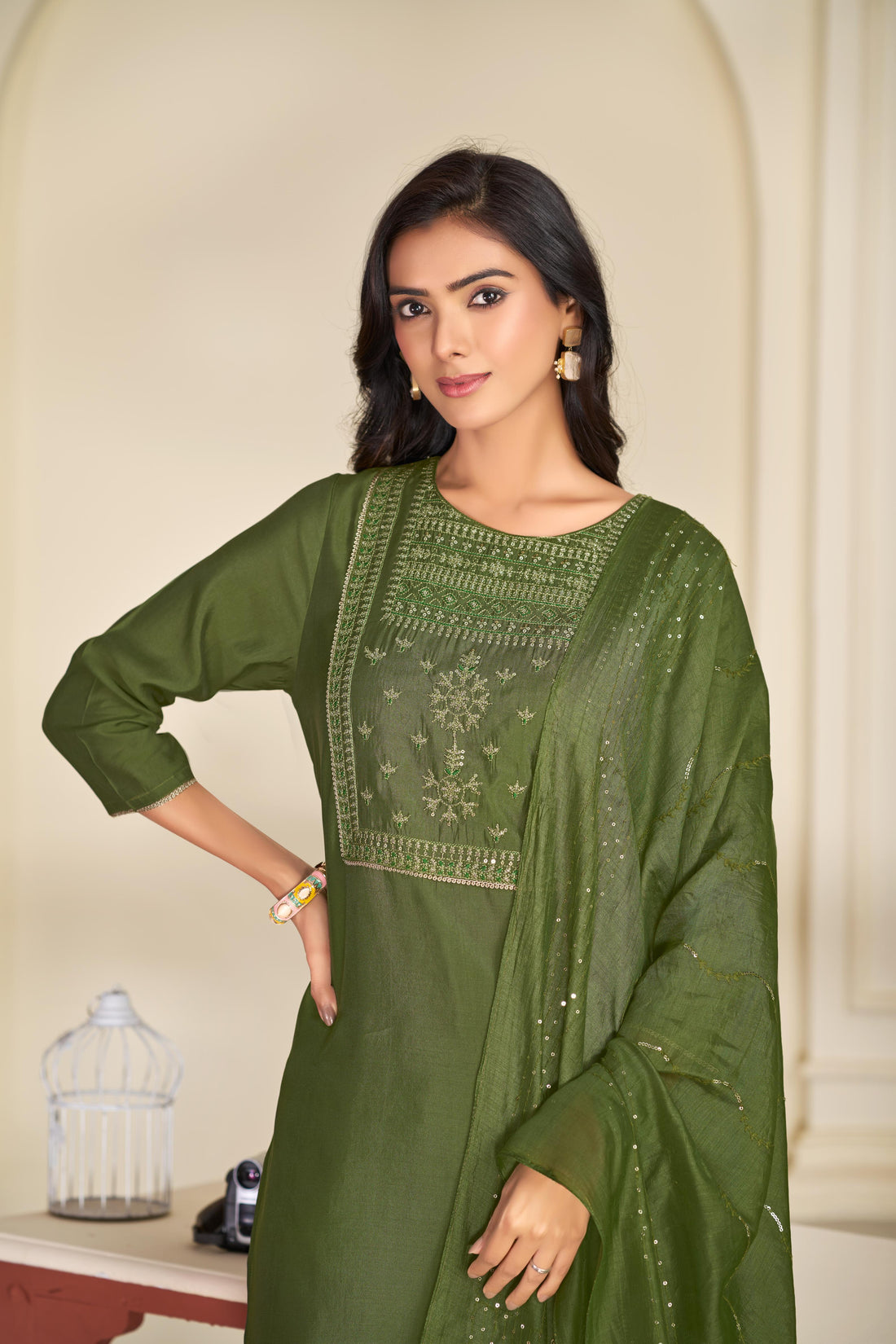 Aadvi Green Handcrafted Sequin & Thread Embroidered Yoke Design Salwar Suit with Sequin Dupatta in Chanderi Silk with Cotton Mul Lining