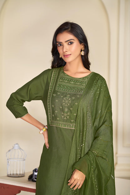 Aadvi Green Handcrafted Sequin & Thread Embroidered Yoke Design Salwar Suit with Sequin Dupatta in Chanderi Silk with Cotton Mul Lining