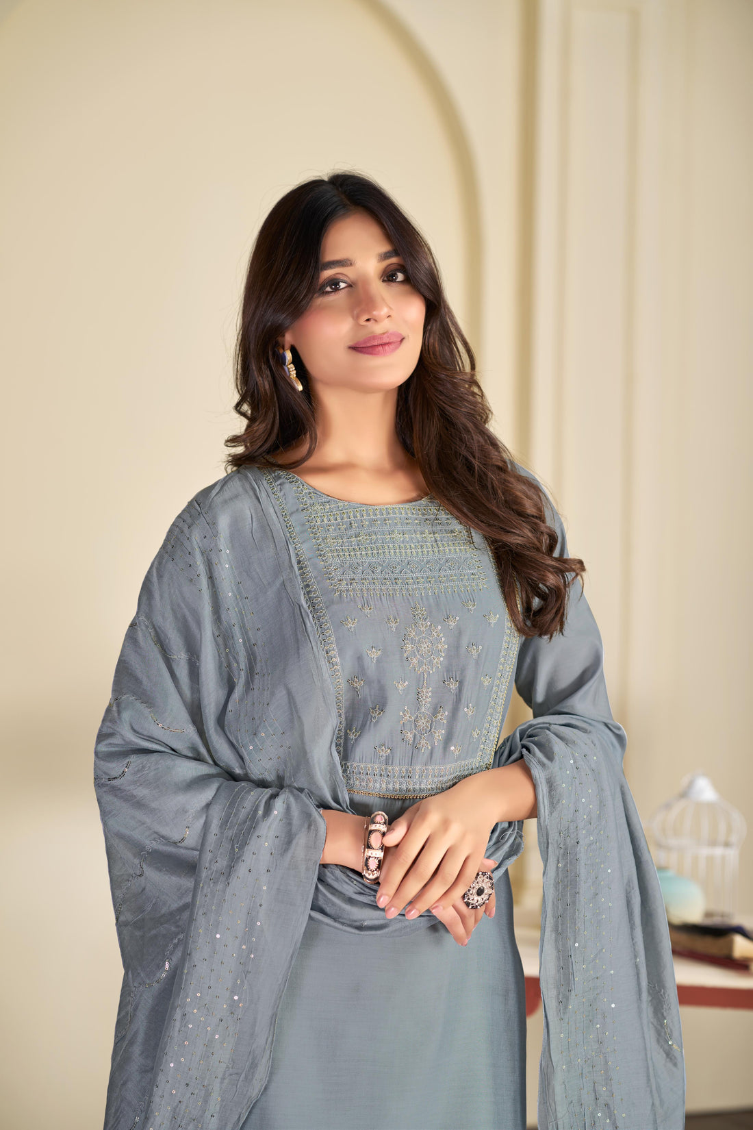 Aadvi Grey Handcrafted Sequin & Thread Embroidered Yoke Design Salwar Suit with Sequin Dupatta in Chanderi Silk with Cotton Mul Lining