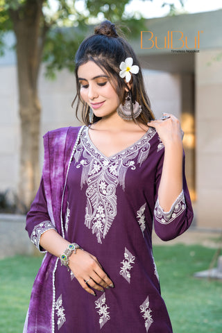 Pooja Purple Viscose Kurta Set with Lucknowi Style White Paisley Embroidery and Dupatta