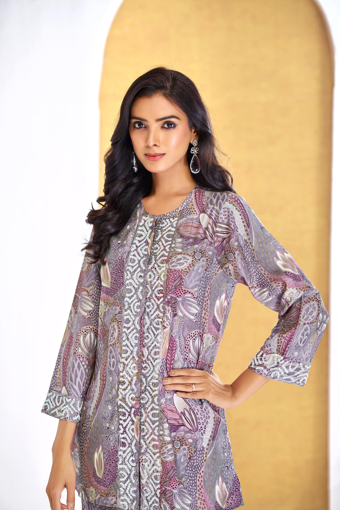 Modal Chanderi Saumya Muave Printed Co-Ord Set with Hand Beaded Placket and Sleeve Detailing