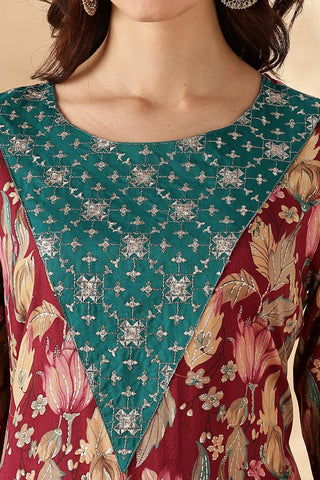 Areba Olive & Maroon Printed Salwar Suit with Intricate Zari Lattice Hand Embroidery Neck Panel in Viscose