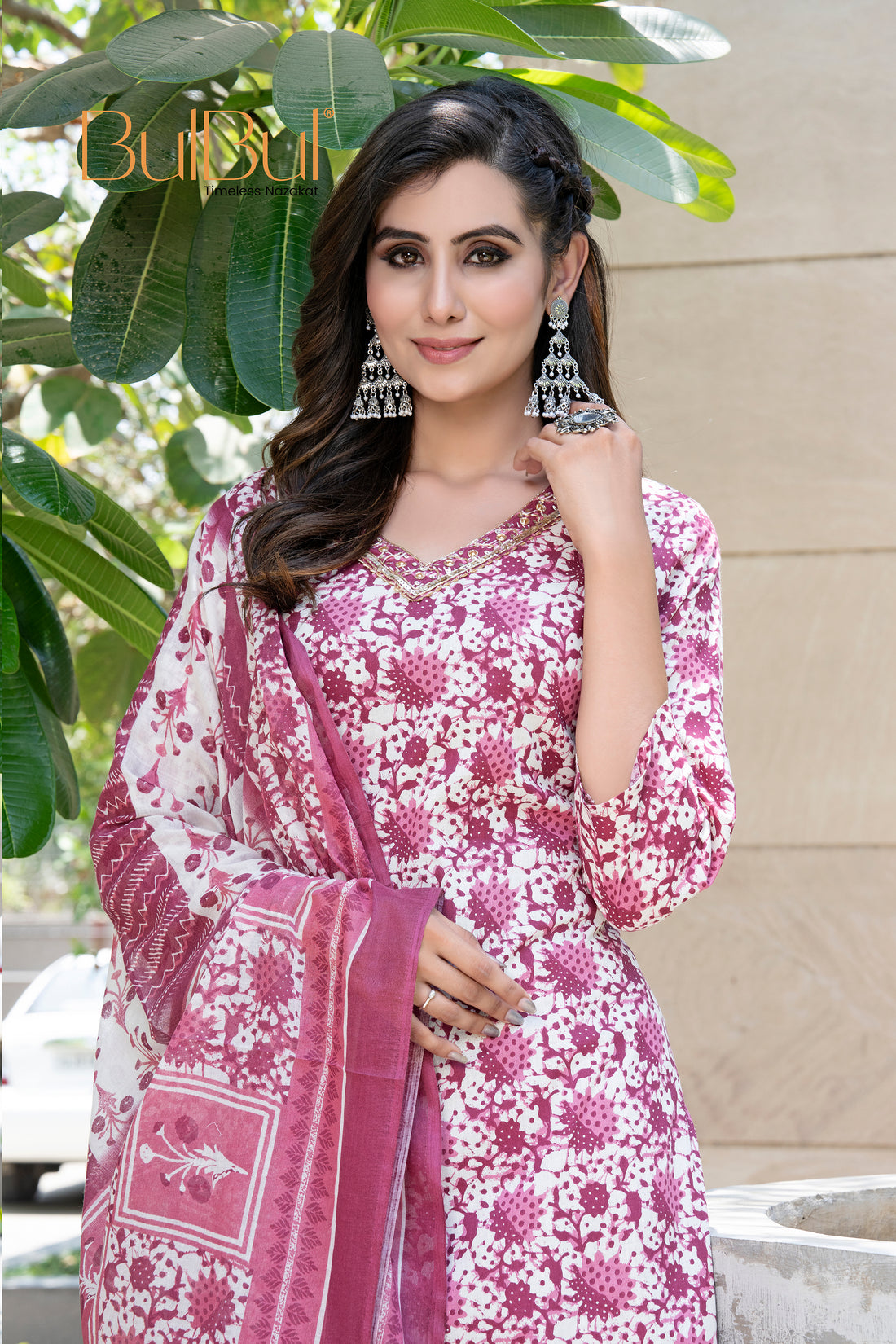 Pure Cotton Wine Floral Printed Kurta Set with Sequin Embellished Neckline & Dupatta