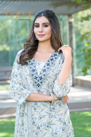 Pure Cotton Fashionista Blue Floral Printed Kurta Set with Mirror & Thread Embroidered Neckline
