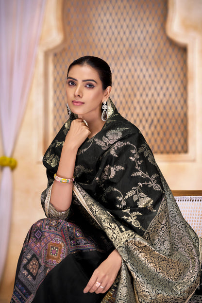 Rashmi Black Hand Thread & Sequins Embellished Suit Set with Zari Woven Jacquard Dupatta in Chanderi Silk with Pure Cotton Mul Lining