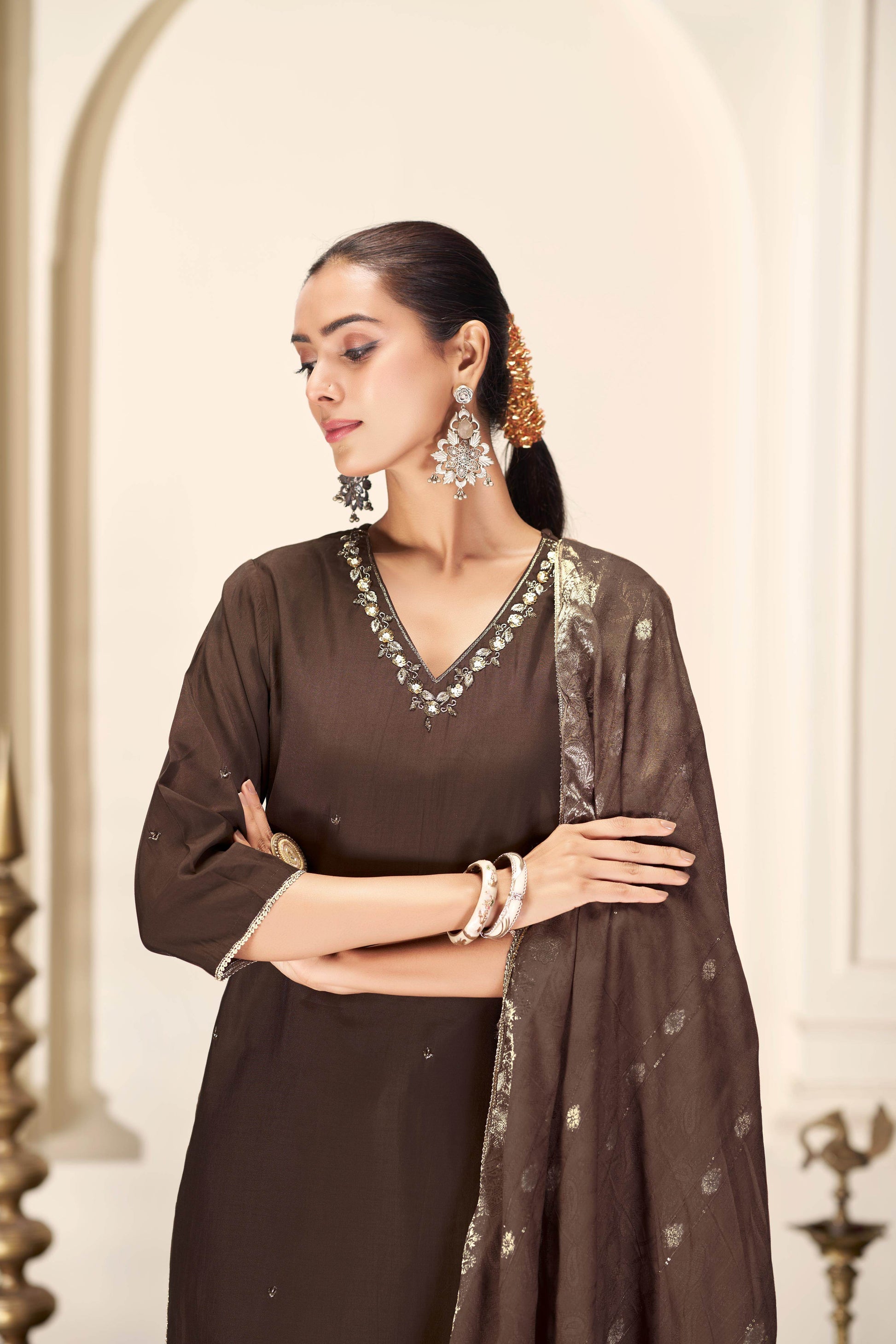Nirjari Brown Silk Kurta Set with Dupatta - BulBul