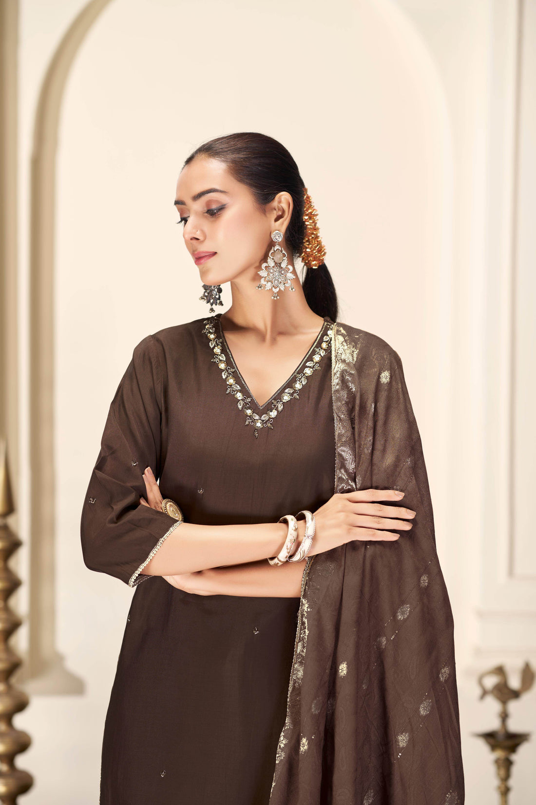 Nirjari Brown Silk Kurta Set with Dupatta - BulBul