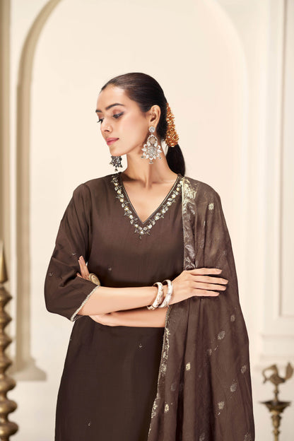 Nirjari Brown Silk Kurta Set with Dupatta - BulBul