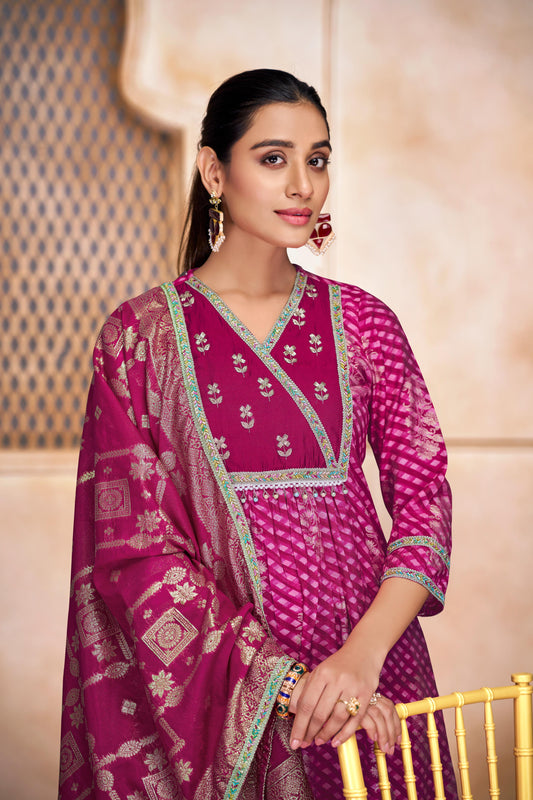 Rashmi Fuchsia Hand Embellished Multicolor Bead and Sequins Work Suit Set in Chanderi Silk with Pure Cotton Mul Lining