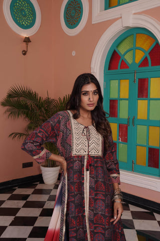 Sarita Chanderi Red Kurta Set with Dupatta - BulBul