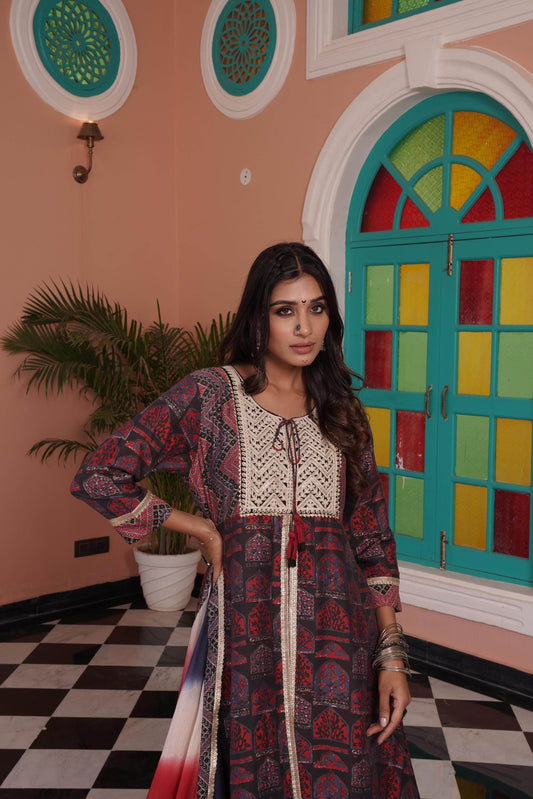 Sarita Chanderi Red Kurta Set with Dupatta - BulBul