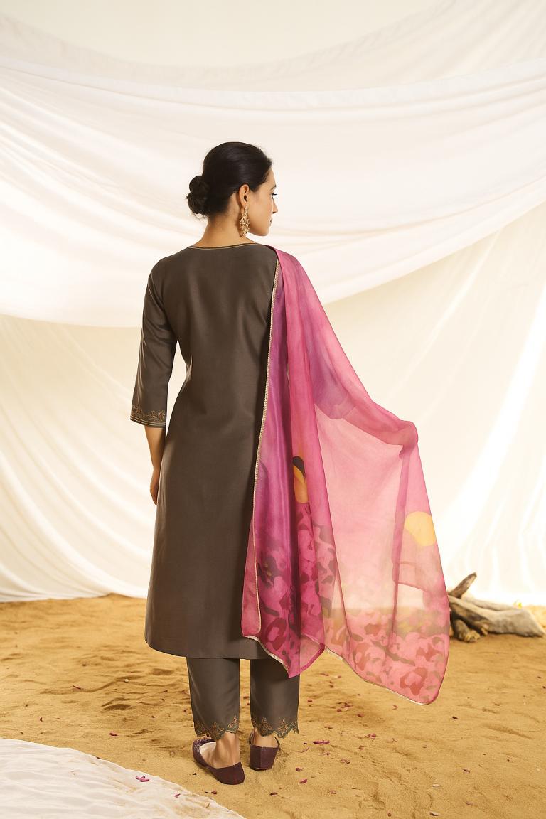 BulBul Women Kayra Brown Embroidered Premium Silk Suit With Dupatta
