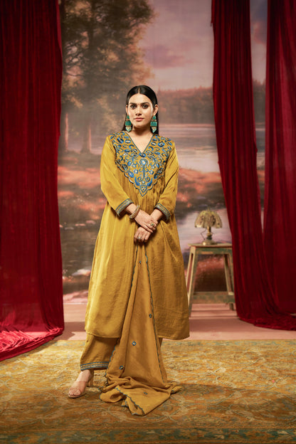 Raajvee Mustard Pure Silk Suit Set with Dupatta and Cotton Mul Lining Featuring Handcrafted Resham and Zari Embroidery with Sequin Embellished Designer Neckline