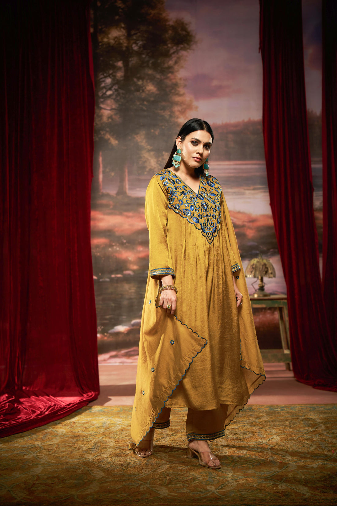 Raajvee Mustard Pure Silk Suit Set with Dupatta and Cotton Mul Lining Featuring Handcrafted Resham and Zari Embroidery with Sequin Embellished Designer Neckline