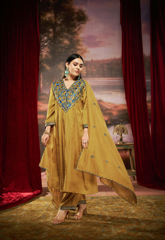 Raajvee Mustard Pure Silk Suit Set with Dupatta and Cotton Mul Lining Featuring Handcrafted Resham and Zari Embroidery with Sequin Embellished Designer Neckline