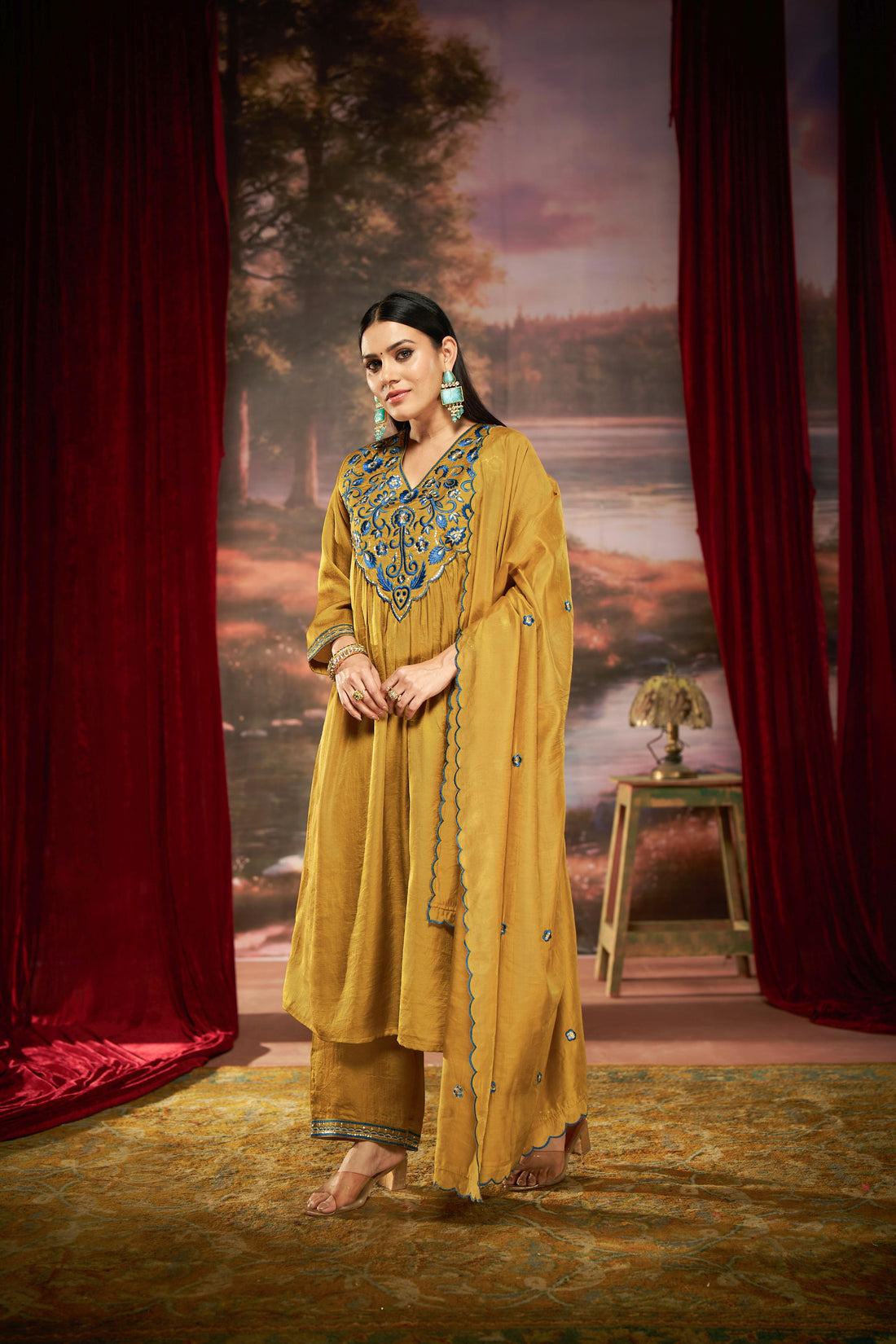 Raajvee Mustard Pure Silk Suit Set with Dupatta and Cotton Mul Lining Featuring Handcrafted Resham and Zari Embroidery with Sequin Embellished Designer Neckline