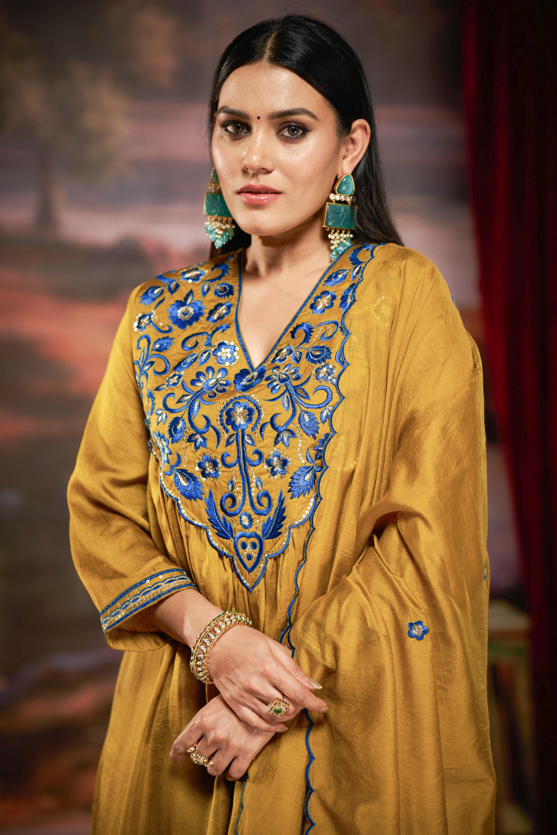 Raajvee Mustard Pure Silk Suit Set with Dupatta and Cotton Mul Lining Featuring Handcrafted Resham and Zari Embroidery with Sequin Embellished Designer Neckline