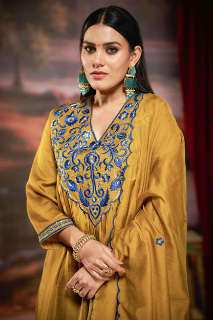 Raajvee Mustard Pure Silk Suit Set with Dupatta and Cotton Mul Lining Featuring Handcrafted Resham and Zari Embroidery with Sequin Embellished Designer Neckline