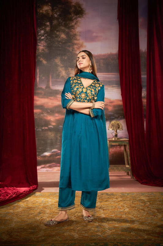 Raajvee Peacock Blue Pure Silk Suit Set with Dupatta and Cotton Mul Lining Featuring Handcrafted Resham and Zari Embroidery with Sequin Embellished Designer Neckline