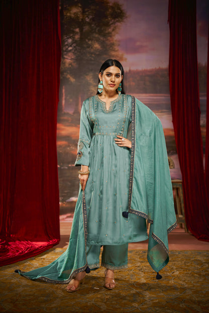 Raajvee Pure Silk Teal A-Line Kurta Set with Cotton Mul Lining, Handcrafted Zari & Resham Thread Embroidery with Sequin and Bugle Bead Embellishments with Dupatta